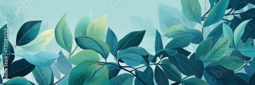 Green leaves and stems on a Turquoise background