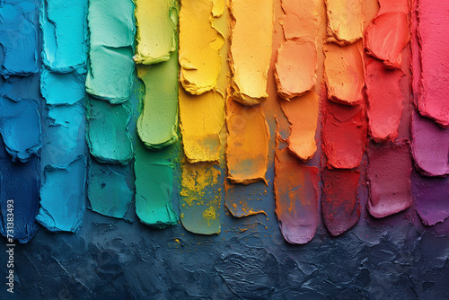 Rainbow-Colored Paint Strokes, Copy Space of Thick Brushstrokes Falling onto a Dark Blue Rough Wall