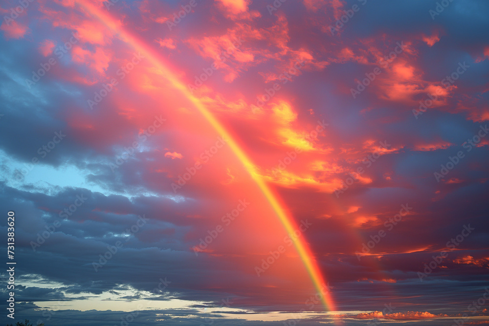 Colorful Rainbow in the Sky, Sunset Sky with Clouds in Red Tones and Orange Light