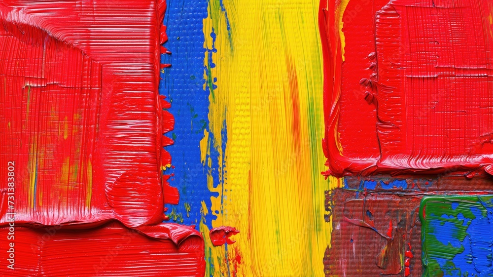 Close-up of bold, colorful paint strokes in red, yellow, and blue