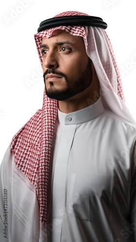 Portrait of a handsome arabian man, side view, transparent, isolated on white photo