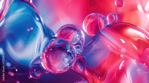 A vibrant abstract of floating liquid bubbles in blue, pink, and red hues