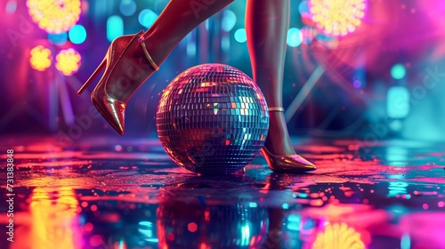A woman's legs sway gracefully on the dance floor, her reflection shimmering in the disco ball as the water-like lights illuminate her every move