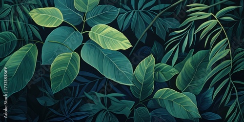 Green leaves and stems on an Indigo background