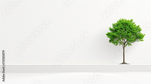 A lone tree stands against a minimalist white horizon