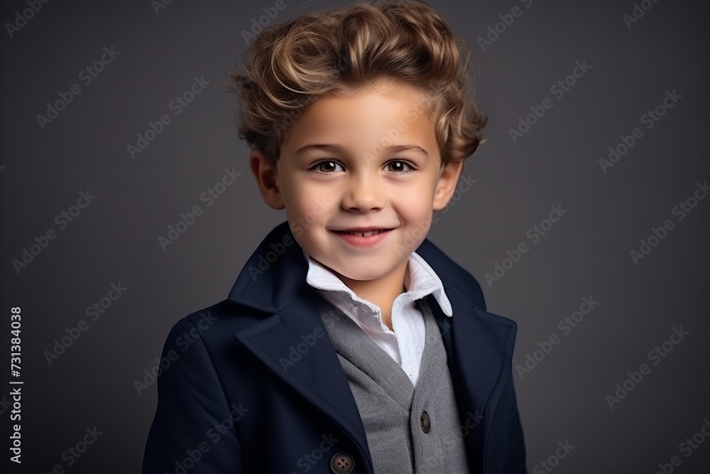 Portrait of a cute little boy in a business suit. Studio shot. Portrait of a cute little boy in a business suit. Studio shot.