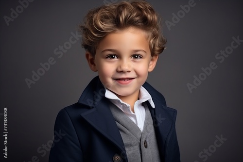 Portrait of a cute little boy in a business suit. Studio shot.