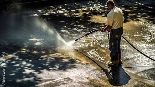 A determined man in casual clothing blasts away grime from the ground with a powerful pressure washer, his feet protected by sturdy footwear as water flies through the air