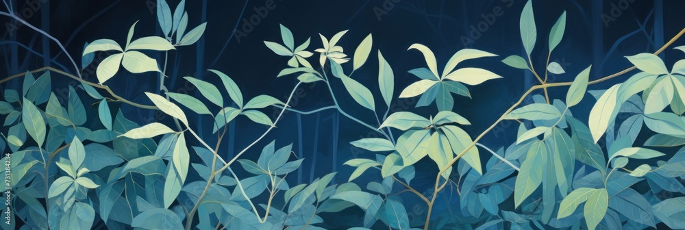 Green leaves and stems on an Indigo background