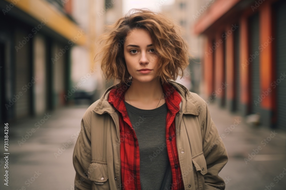 Portrait of a beautiful young woman with curly hair in the city