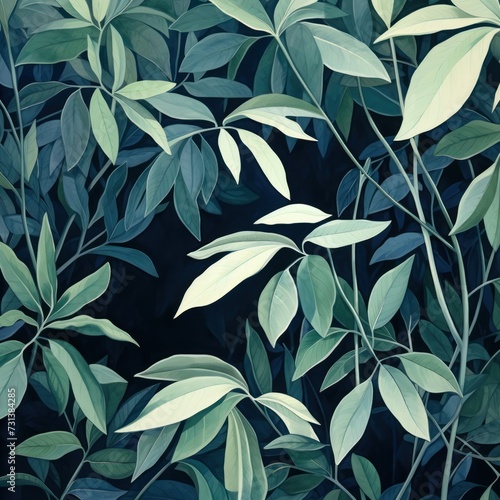 Green leaves and stems on an Ivory background