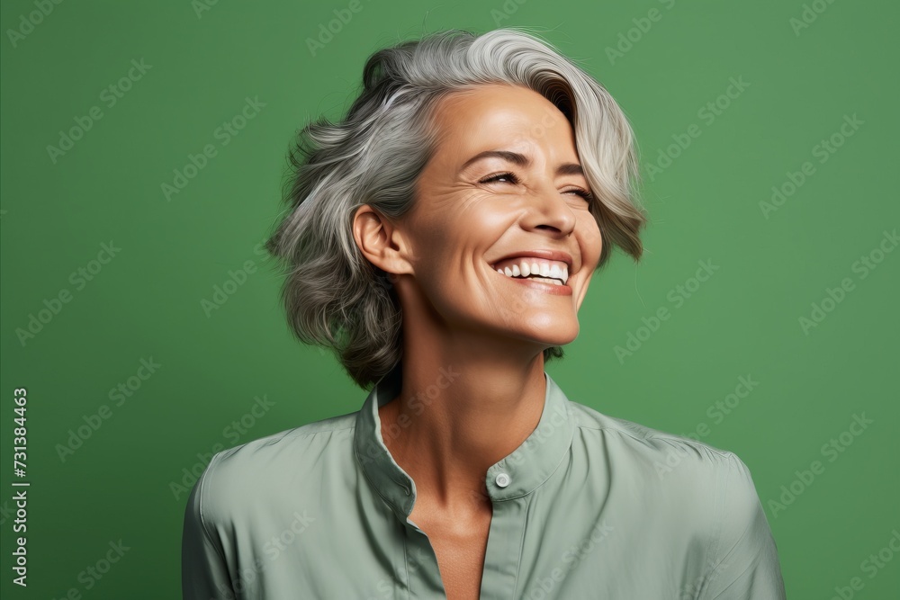 Portrait of happy smiling senior woman with grey hair over green background Portrait of happy smiling senior woman with grey hair over green background