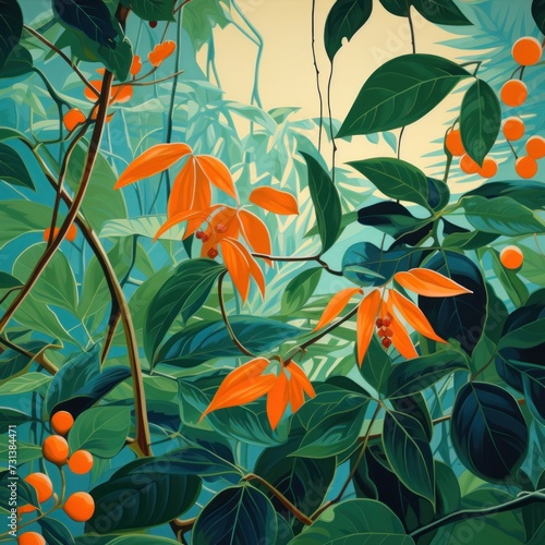 Green leaves and stems on an Orange background