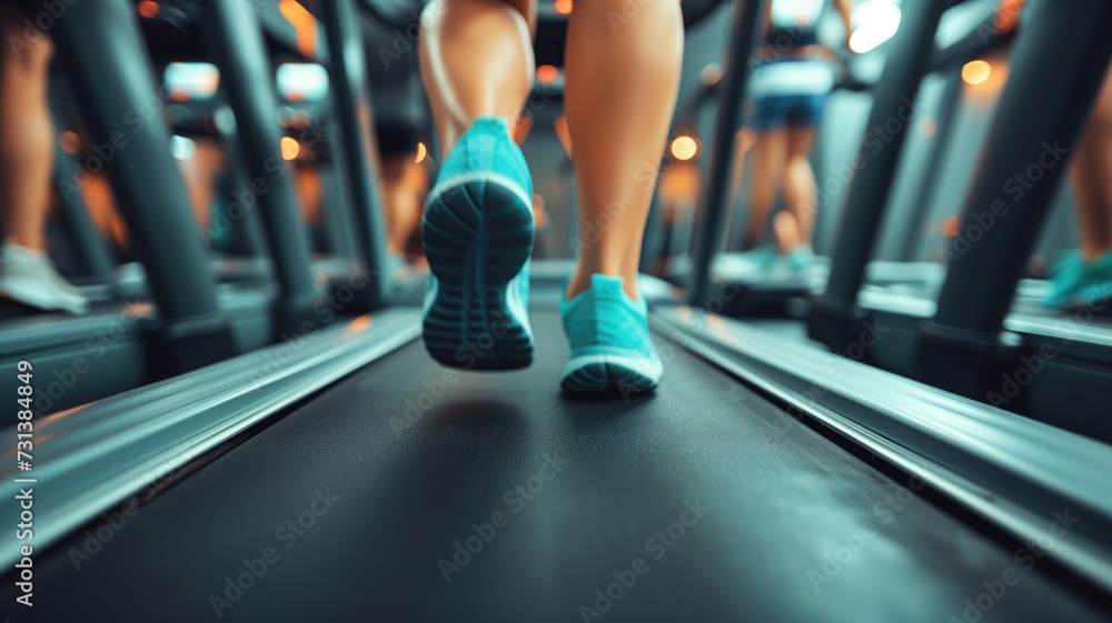 Close-up of teal running shoes on a moving treadmill at a gym Close-up of teal running shoes on a moving treadmill at a gym