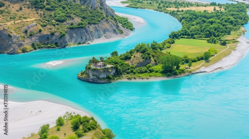 Vivid turquoise river curving around a green islet with a backdrop of cliffs