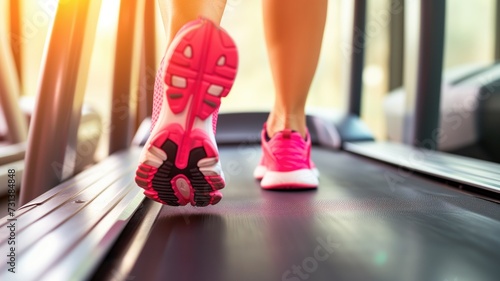 Close-up of female feet in pink sneakers on a treadmill © Татьяна Макарова