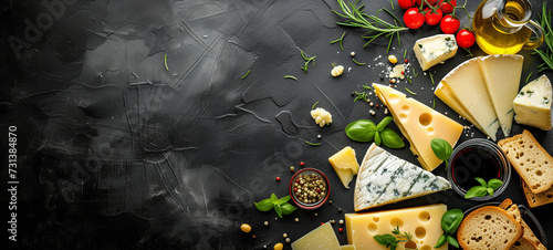 Different type of cheese selection and olives, fresh rosemary and basil oil in bottle on a blackboard with place for text