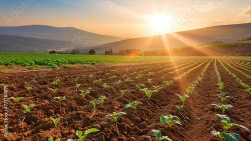 Warm sunset over plowed farmland with young crops growing in rows