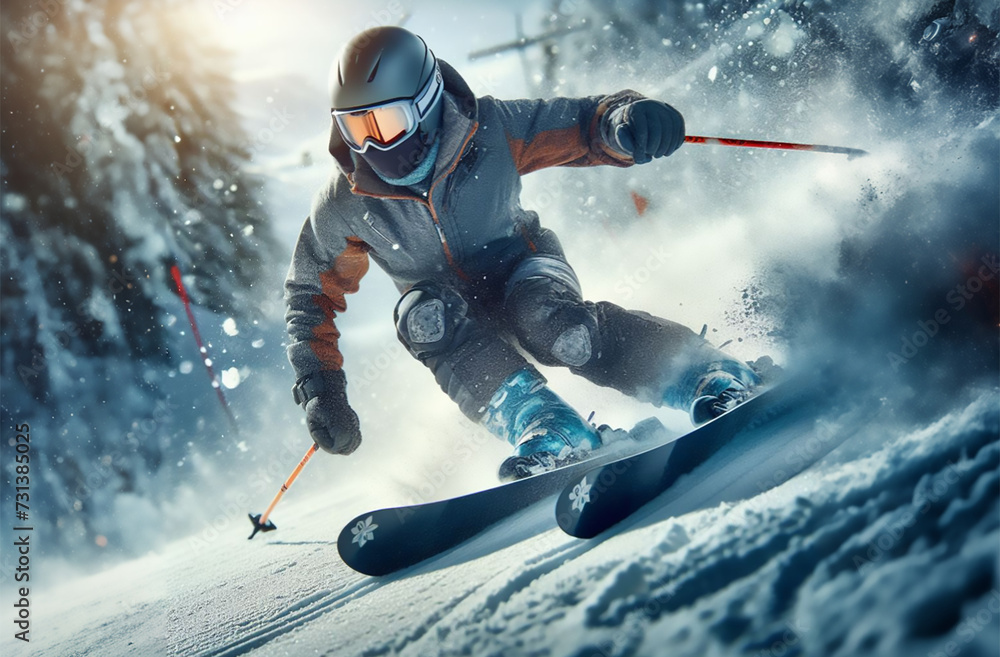 A skier rolls down a slope at high speed, surrounded by snow dust. A skier rolls down a slope at high speed, surrounded by snow dust.