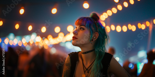Crazy blue pink piurple green colored hair alternative girl with piercings enjoy a music festival with ligths bokeh around