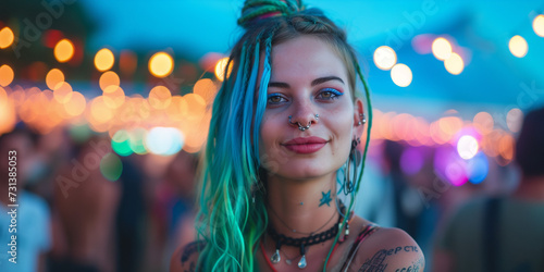 close shoot Crazy blue pink piurple green colored hair alternative girl with piercings smiling enjoy a music festival with ligths bokeh around