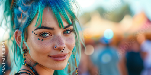 close portrait of a beautiful young Crazy blue pink piurple green colored hair alternative girl egirl  with piercings smiling enjoy a music festival  photo