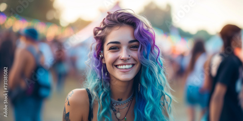 close portrait of a beautiful young Crazy blue pink piurple green colored hair alternative girl egirl  with piercings smiling enjoy a music festival 