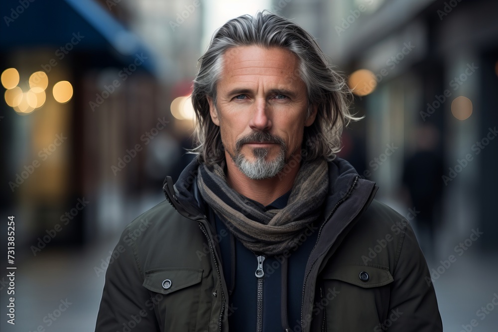 Portrait of a handsome middle-aged man with gray hair and beard wearing a winter jacket and scarf. Portrait of a handsome middle-aged man with gray hair and beard wearing a winter jacket and scarf.