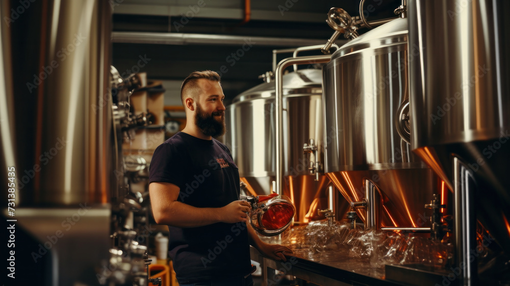 Bearded brewery master holding glass of beer and evaluating its visual characteristics. Small family business, production of craft beer.