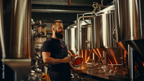 Bearded brewery master holding glass of beer and evaluating its visual characteristics. Small family business  production of craft beer.