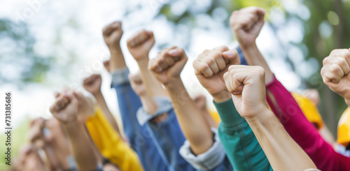 group of people holding their fists in the air 