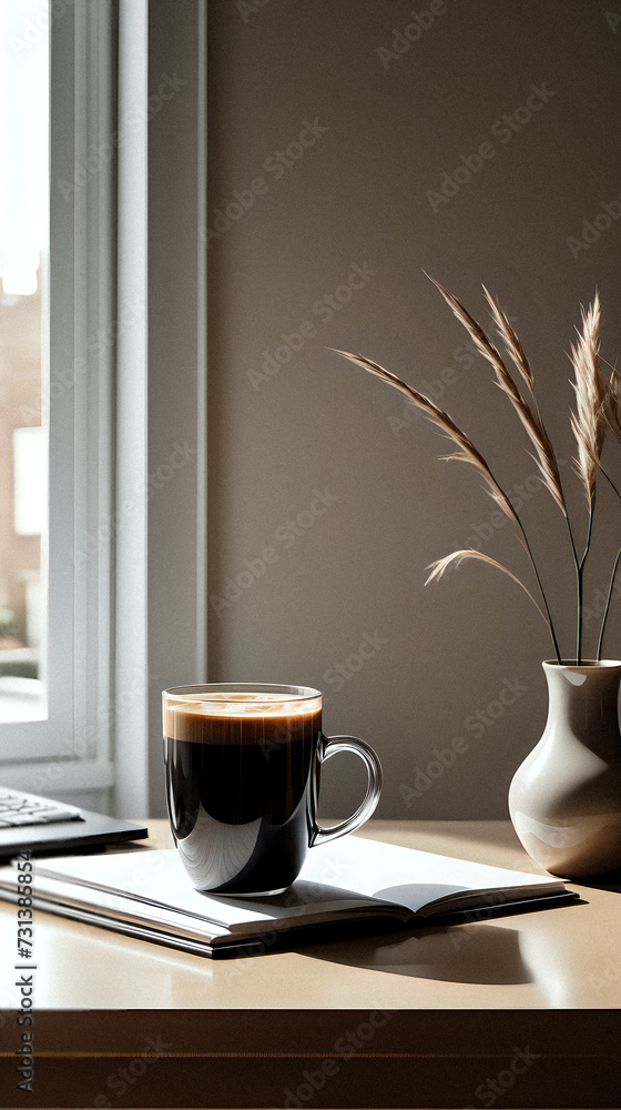 cup of coffee on desk near window in a neutral fashion aesthetic cup of coffee on desk near window in a neutral fashion aesthetic