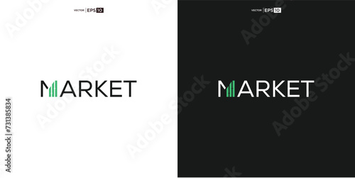 letter MARKET wordmark logo typography.The upward graph showing market growth or activity is arranged in such a way that it forms the letter "M",
