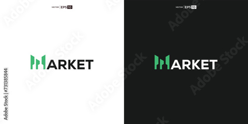 letter MARKET wordmark logo typography.The silhouette of the skyscraper forms the letter "M", reflecting the growing business activities and trade activities in the market.