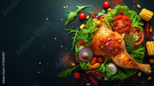 Fried chicken leg with tomato, chili, fried onion, lettuce, corn, and needle mushroom, realistic, HD, copy space - generative ai © Nia™