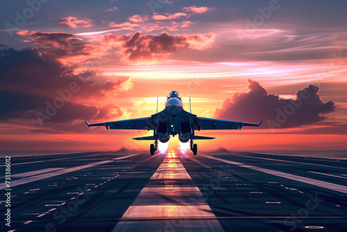 fighter jet taking off from a runway at sunset. The sky is a beautiful shade of orange and pink, and there are clouds in the distance