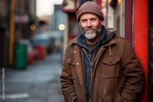 Portrait of a handsome mature man with a beard wearing a brown jacket and a hat standing in a city street © Inigo