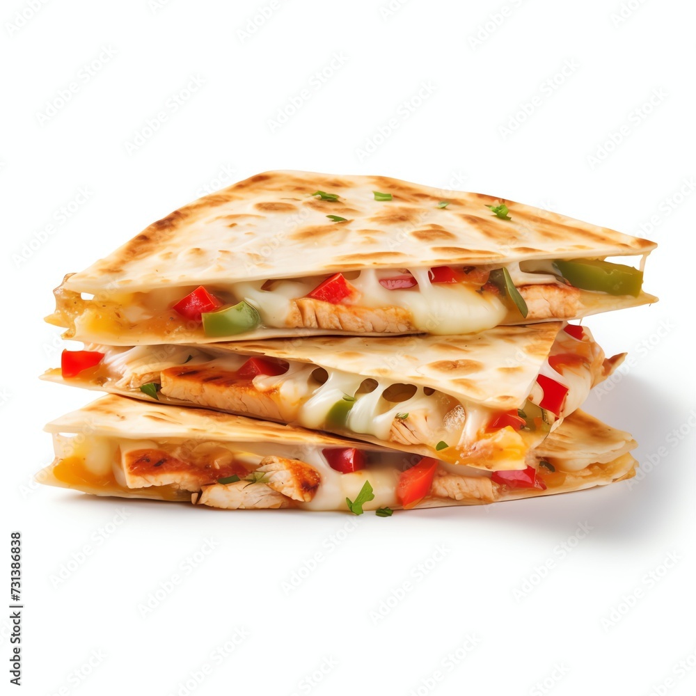 a mexican chicken quesadillas with cheese and peppers, studio light , isolated on white background a mexican chicken quesadillas with cheese and peppers, studio light , isolated on white background