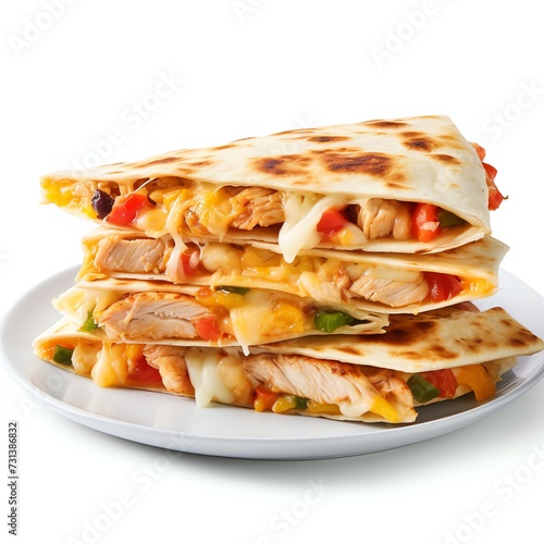a mexican chicken quesadillas with cheese and peppers, studio light , isolated on white background