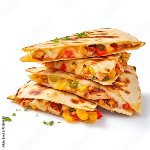 a mexican chicken quesadillas with cheese and peppers, studio light , isolated on white background