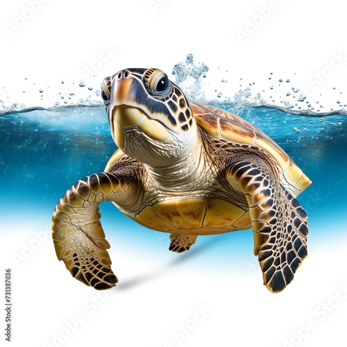 a sea turtle under water, studio light , isolated on white background