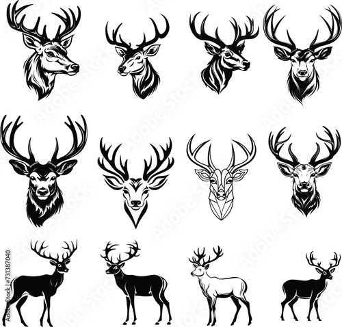 deer silhouette, logo, set vector illustration
