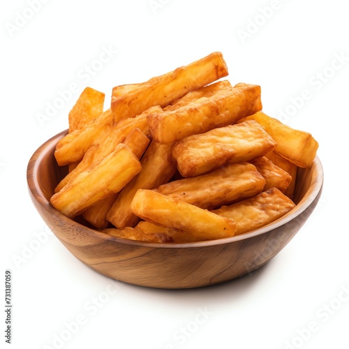 a singkong goreng merekah or fried cassava is indonesian traditional food, studio light , isolated on white background
