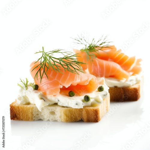 a Smoked salmon canapés with cream cheese recipe, studio light , isolated on white background