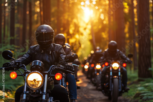 group of motorcyclists riding through a forest at sunset. The riders are wearing helmets and leather jackets  and there are trees and foliage in the background