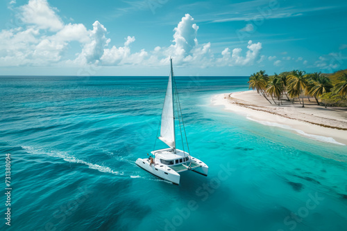 group of people sailing a catamaran in the Caribbean. The water is a beautiful shade of blue, and there are palm trees on the shore