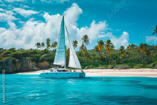 group of people sailing a catamaran in the Caribbean. The water is a beautiful shade of blue, and there are palm trees on the shore