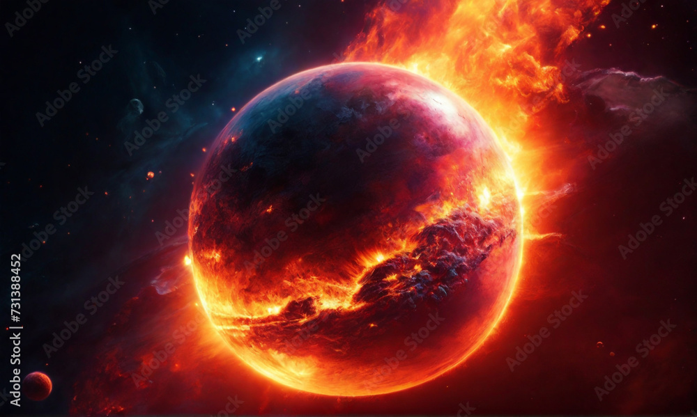 hot planet in fire in cosmos, crisis, sketch . . Perfect composition, beautiful detailed , 8k photography, photorealistic , soft cinematic perfect light