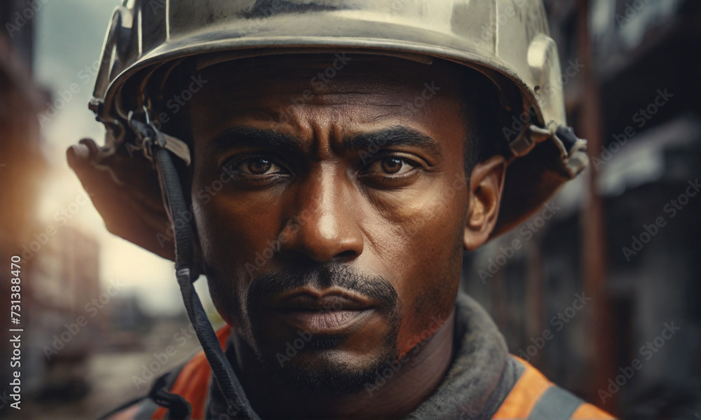 portrait of black male construction worker in overall helmet near site with building work and looking at camera, Perfect composition, beautiful detailed , 8k photography, photorealistic portrait of black male construction worker in overall helmet near site with building work and looking at camera, Perfect composition, beautiful detailed , 8k photography, photorealistic