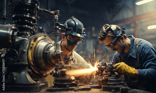 Workers wearing safety goggles control lathe machines to drill components. Metal lathe industrial manufacturing factory, Perfect composition, beautiful detailed , 8k photography